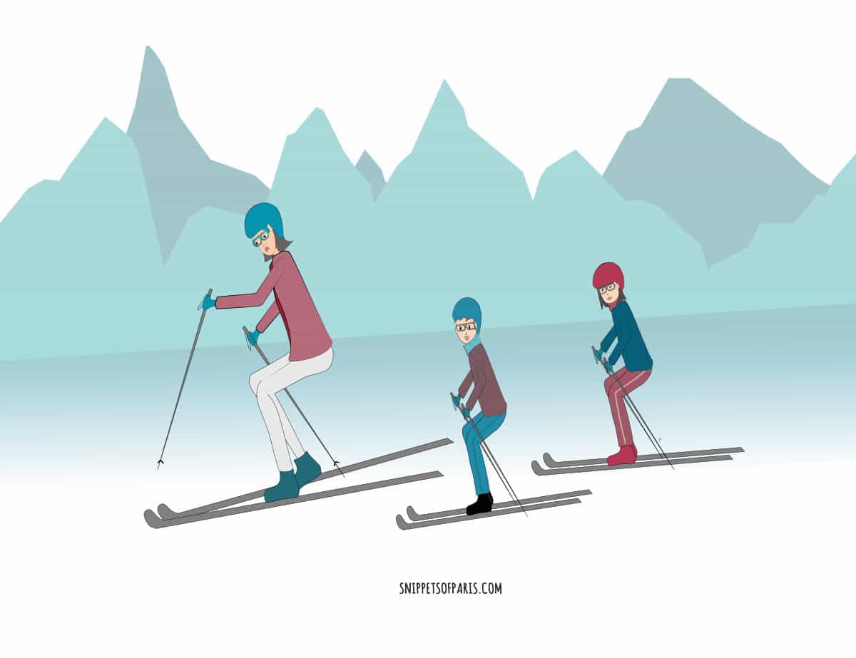 illustration of a maman and 2 kids skiing in france