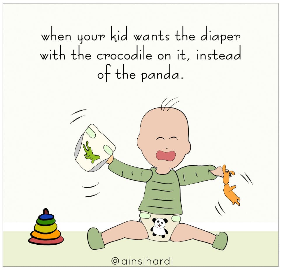 illustration of baby crying and waving a diaper and toy around. Comment is "when your kid wants a diaper with a panda on it instead of a crocodile"