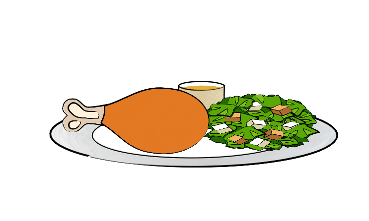 main dish illustration of chicken, salad and sauce