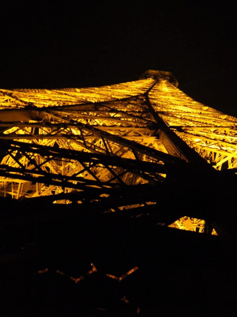 Closeup view of Eiffel Tower at night