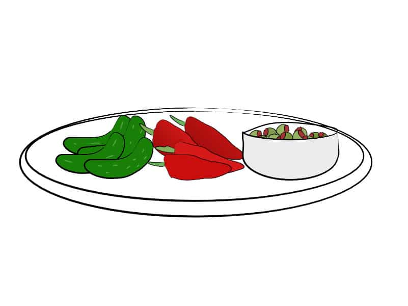 Salty items on a crudité platter (cornichons, chillies and olives) illustration