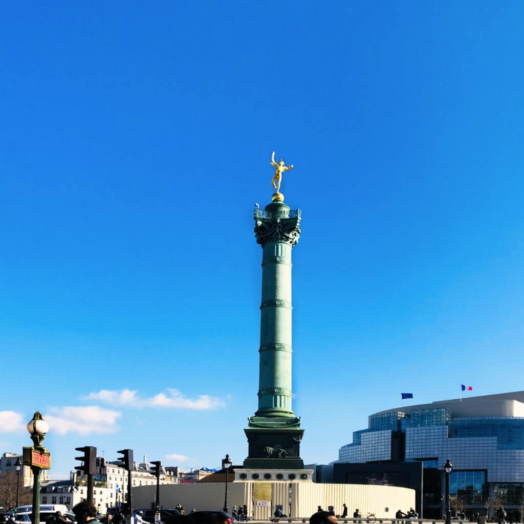 Place de la bastille in Paris with Opera Bastille in the background