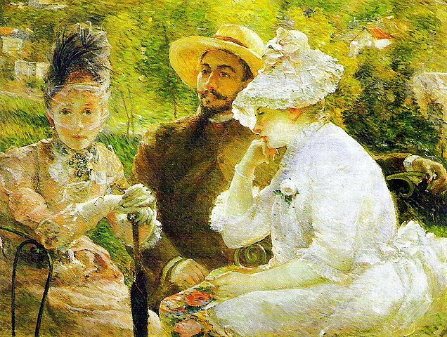 Two women and a man sitting in Sur la terrasse à Sèvres by Marie Braquemond at Petit Palais
