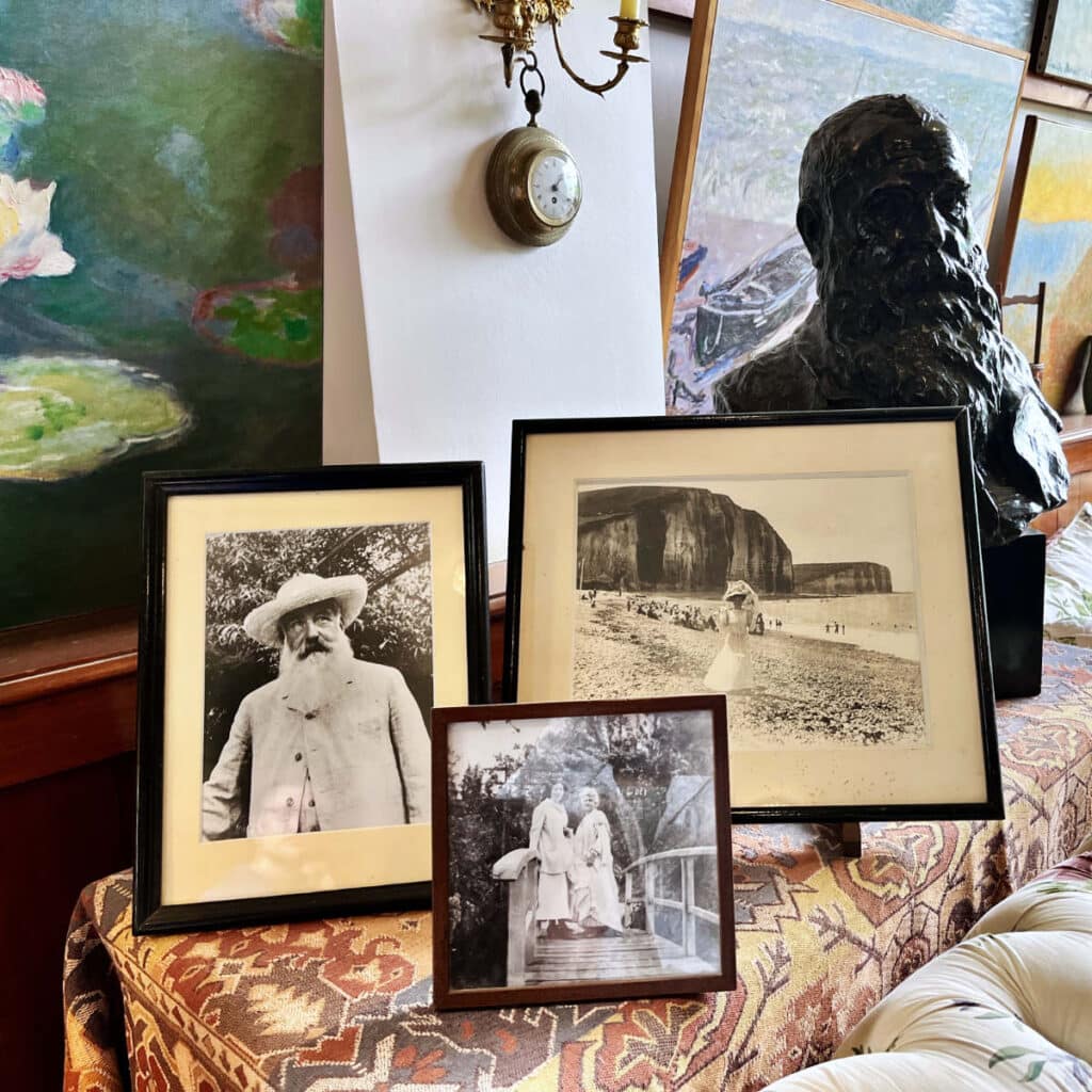 Bust of Claude Monet and photos of him from Giverny
